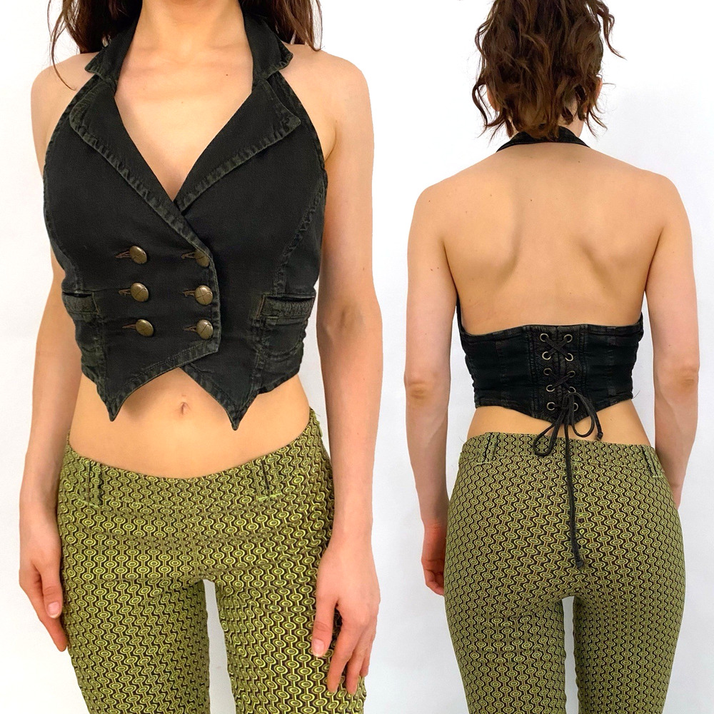 Vintage Y2K Candie's Dark Denim Double Breasted Corset Back Crop Halter Top XL